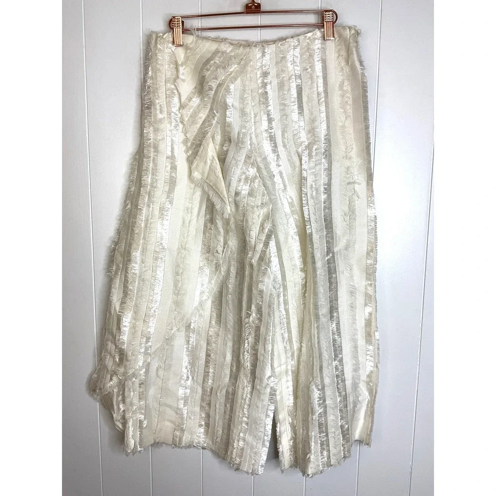 Thakoon White Silk Blend Cropped Faux Wrap‎ Fringe Pants Side Zip Closure